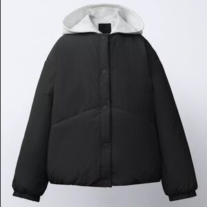 Zara Black Puffer Jacket with Gray Hood